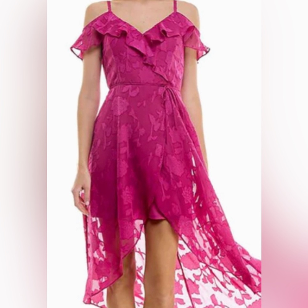 BCX Fuchsia Pink Asymmetrical Ruffle Cold-Shoulder Dress